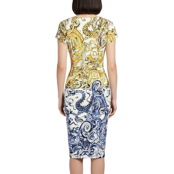 Ashley Stewart Baroque Print Midi Dress in Yellow and Blue Size 12 - Picture 3 of 9